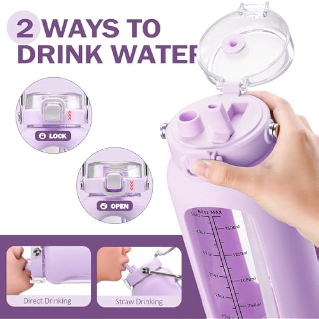 BLUEGO 2000ml Borosilicate Glass Water Bottle with Stainless Handle and Time Marker 2L Drinking Bottle with Silicone Sleeve and Straw for Gym Office Outdoor Sports Water Bottles BPA Free, Purple