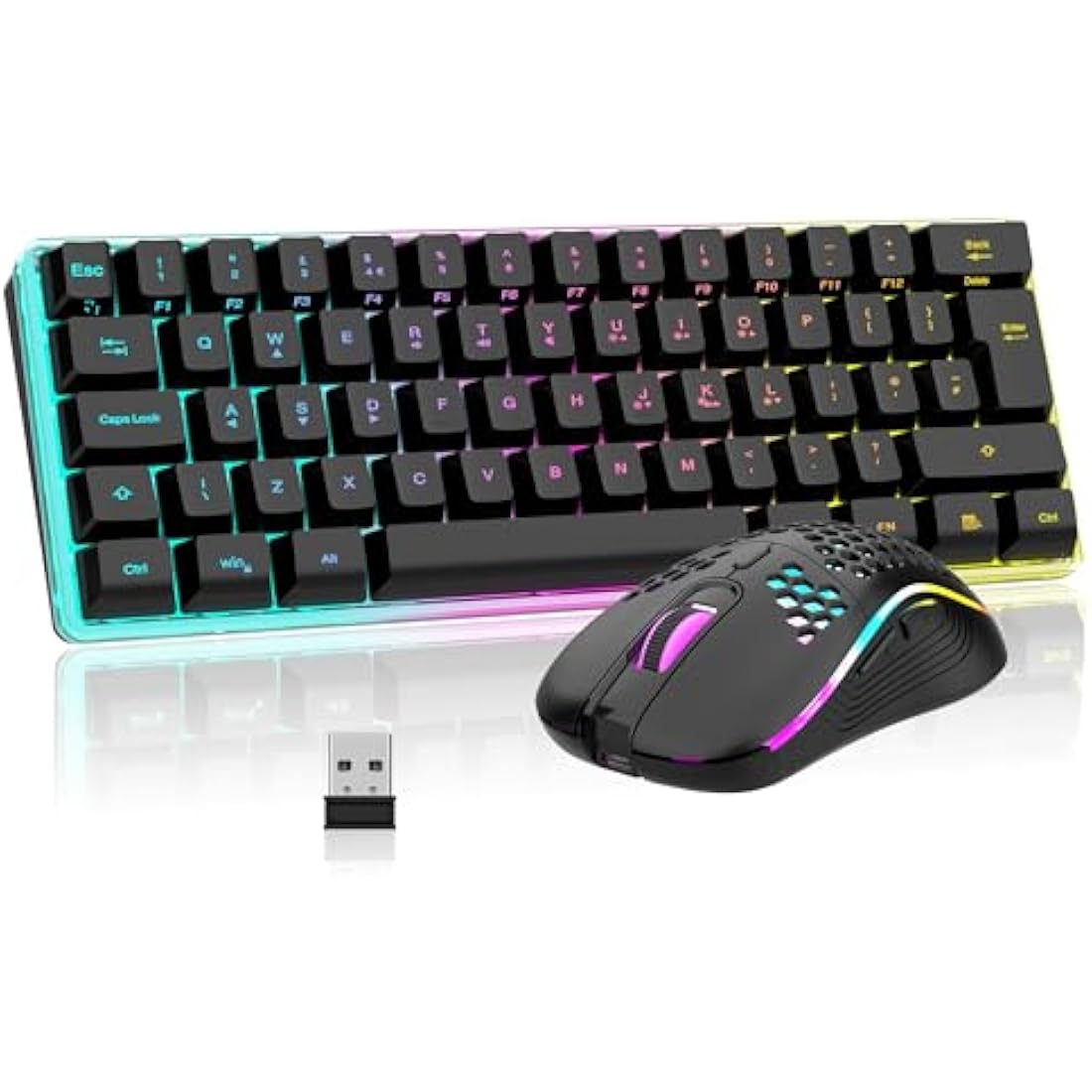 RedThunder K62 Wireless 60% RGB Gaming Keyboard and Mouse Combo, UK Layout 62 Keys Ultra Compact Backlit Mini Keyboard, Lightweight Cellular Optical Mouse, Portable Set for PC PS5 Xbox Gamers (Black)