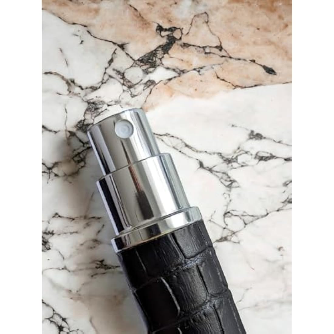 The Essential Atomizer Co. Black & Silver Faux Croc 10ml Refillable Perfume or Aftershave Travel Atomizer. Supplied with Filling Funnel & Gift Box