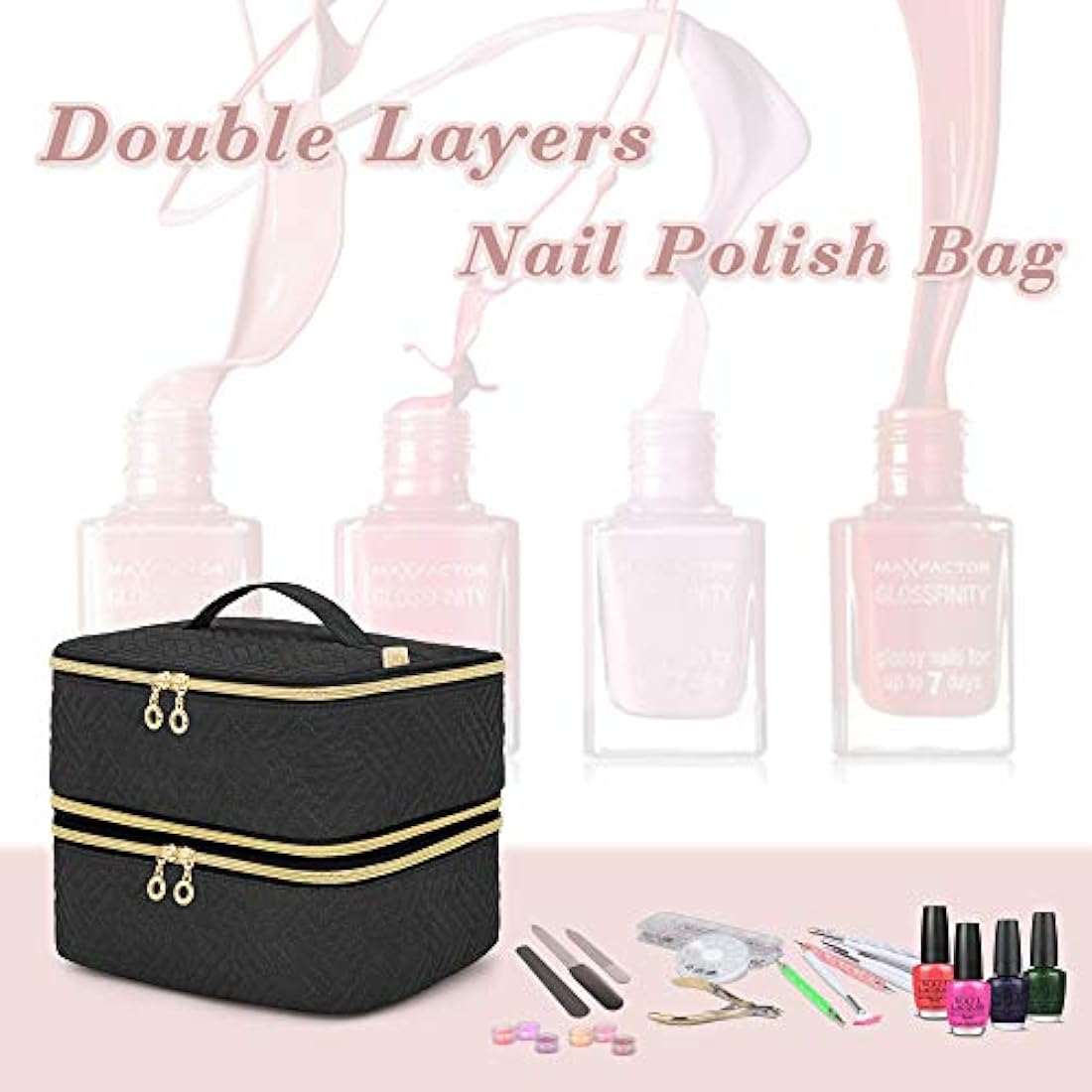 Luxja Nail Polish Organiser Case, Detachable 2 Layers Nail Varnish Case - Hold 60 Bottles (15ml - 0.5 fl.oz), Nail Varnish Storage Bag (Patented Design), Black