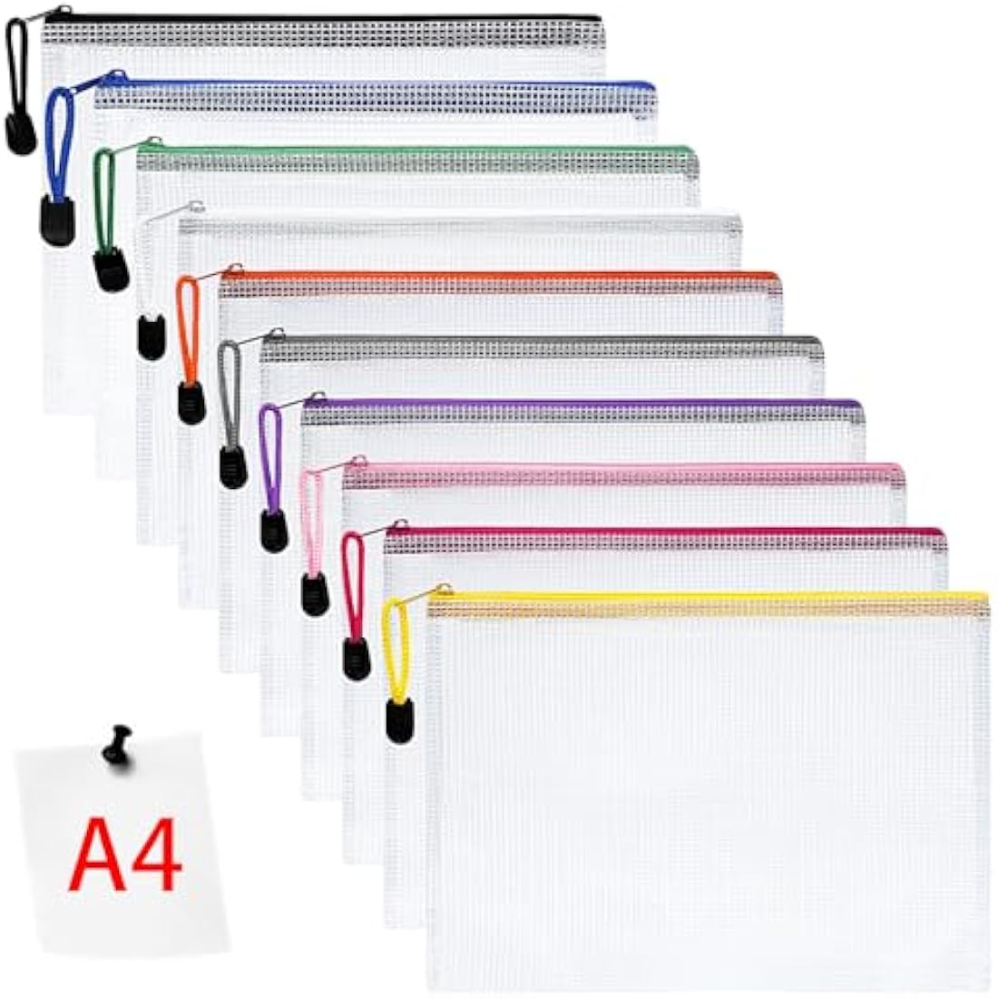 Vicloon Plastic Wallets, 10Pcs A4 Zip Lock Bags, Mesh Document Wallet Document Folders Plastic Pockets Zipper File Wallet for School Office Homework Travel Storage Bags (Color Zipper)