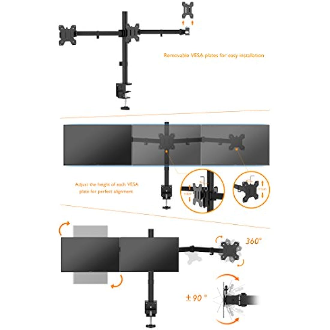 BONTEC Triple Monitor Stand for 3 Monitors 13-24 inch, Triple Arm Desk Mount for LCD LED Computer Screens Up to 10kg, VESA 75x75/100x100 with 2 Installation methods