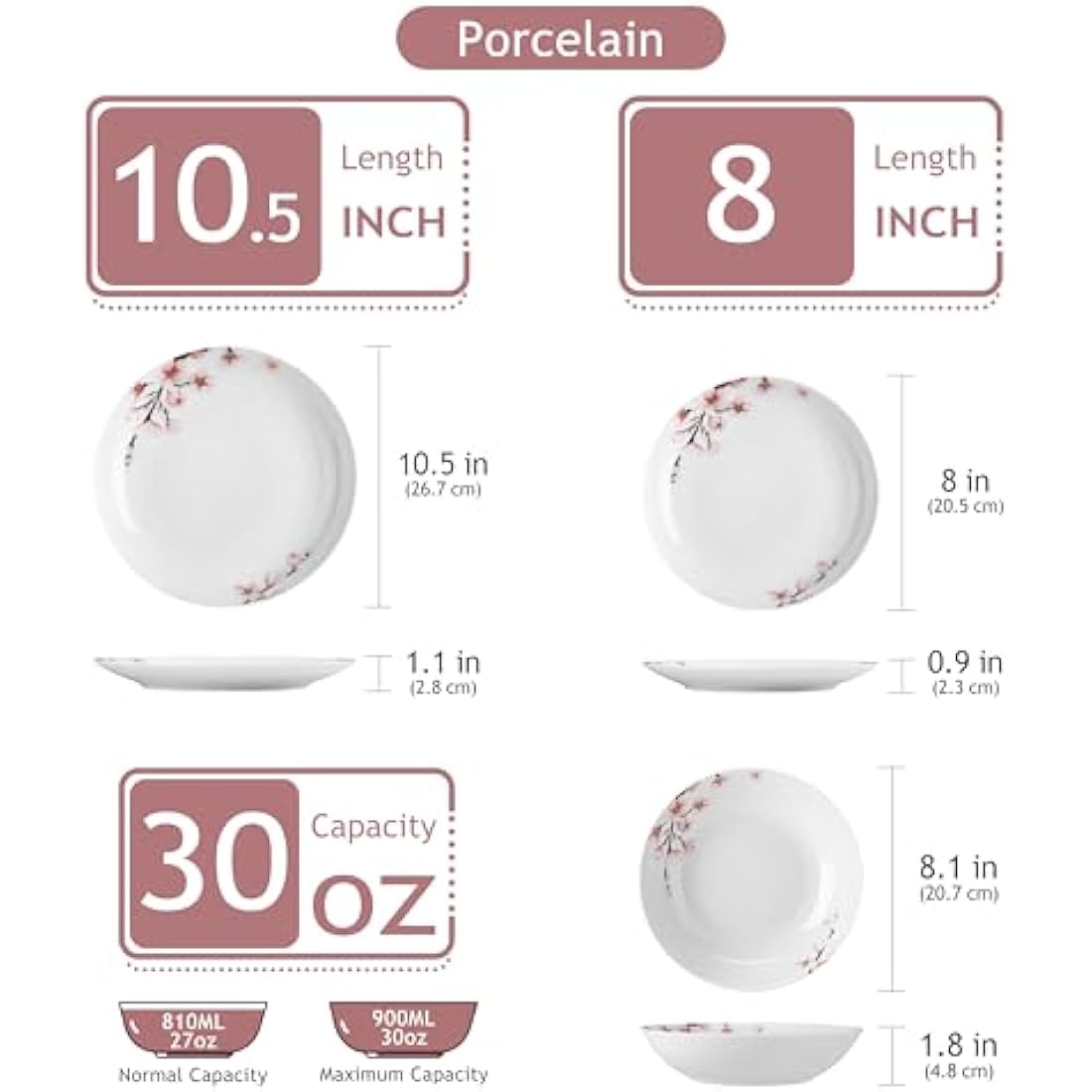 VEWEET Dinner Sets for 6 People, Porcelain Plates and Bowls Set, Dinner Plates, Dessert Plates, Soup Bowls, 18 Pieces, Round, Series Annie