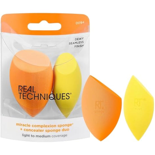 Real Techniques Miracle Complexion Sponge + Concealer Sponge Duo, Makeup Blending Sponges For Foundation & Concealer, Offers Light To Medium Coverage, Natural, Dewy Makeup, Latex-Free Foam 2 Count