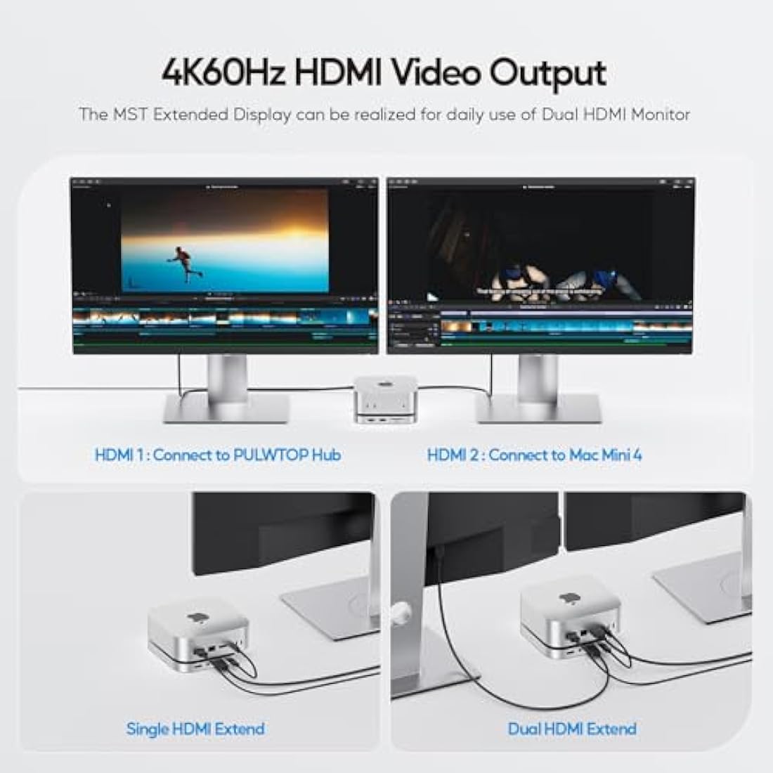 PULWTOP Mac Mini M4 Dock with 4TB M.2 SSD Enclosure (SSD NOT Included), Mac Mini M4/ M4 Pro Hub Stand with HDMI 4K 60Hz, 2024 MacMini USB C Hub Accessories, 3 USB A 2.0, SD/TF Card Slots, 3.5mm Audio