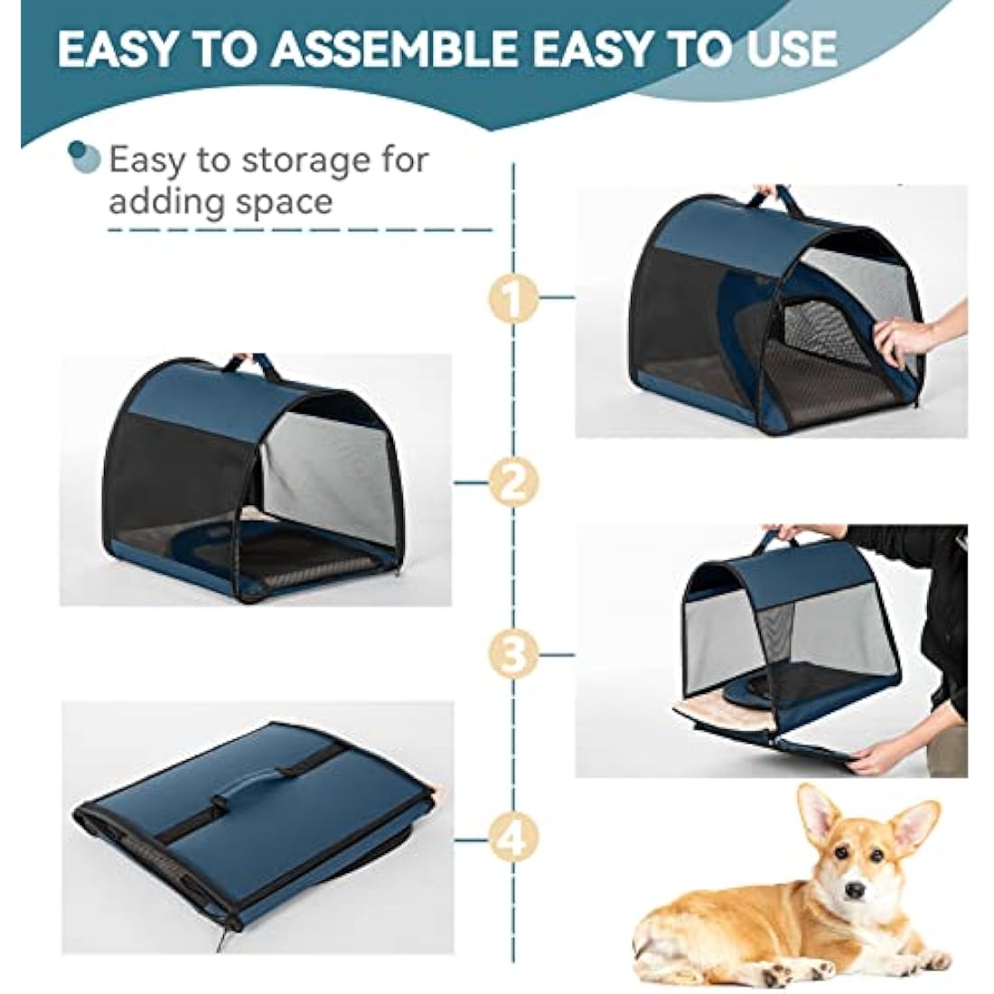 PETSFIT Collapsible Dog Crate, Dog Travel Crate - 26.5 Inch Lightweight, Roomy, Easy to Set Up, Portable Pop Up Dog Carrier with Thick Mat, Sturdy Soft Sided Dog Crate, Navy Blue