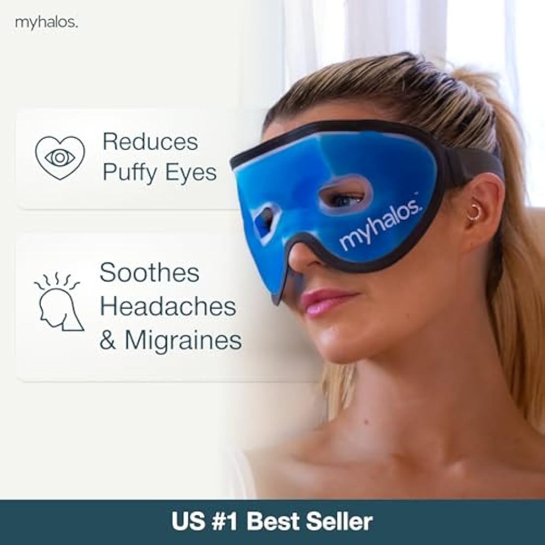 MyHalos Gel Eye Mask - Reusable Cooling Eye Mask with Adjustable Straps - Cold Mask for Puffy Eyes, Dark Circles and Hangovers - Eyes Ice Pack Compress for Sinus, Headaches & Puffiness, Blue (1-Pack)