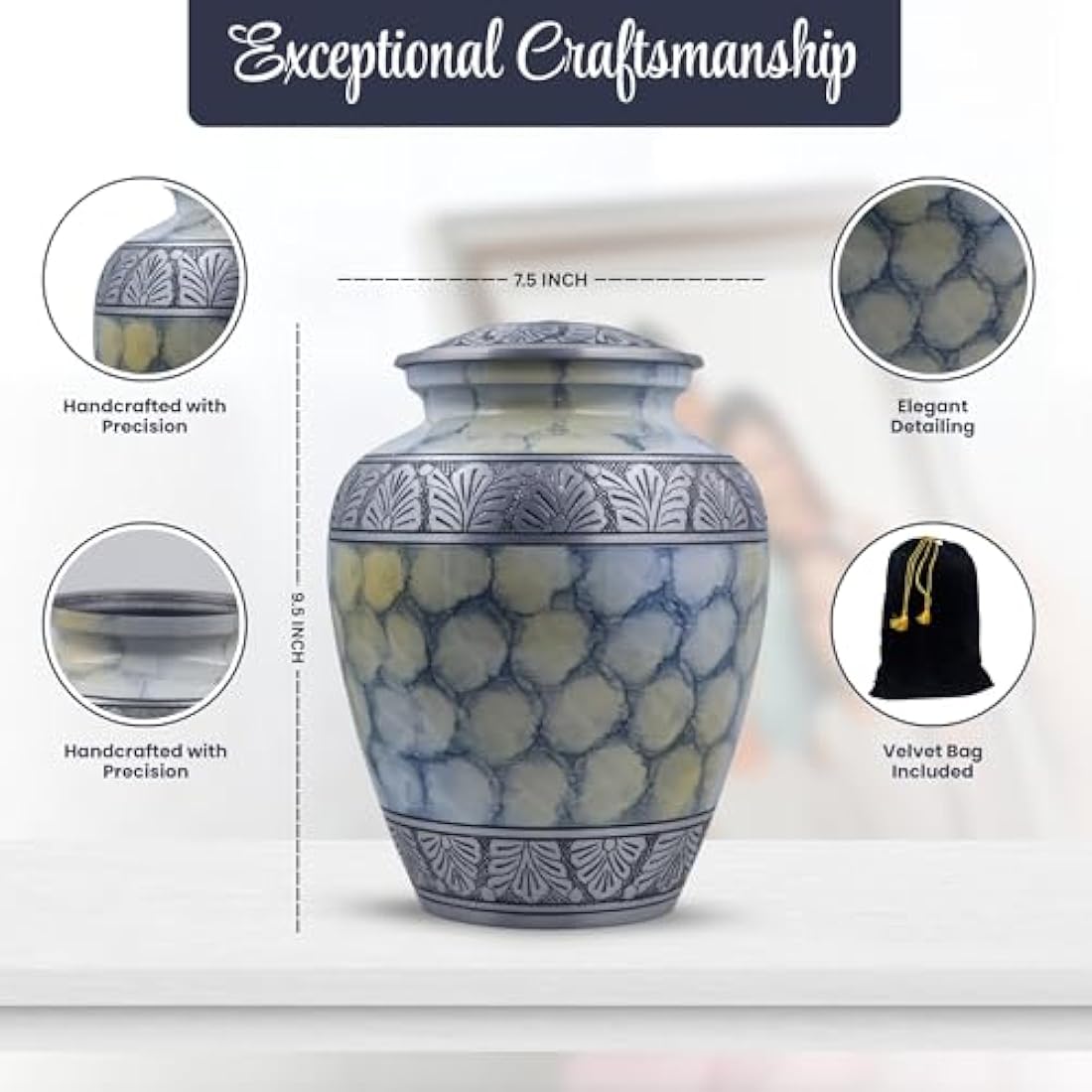 Silver Engraved Adult Cremation Urn for Human Ashes - Handcrafted Funeral Memorial Large Burial Urn (7.5" x 7.5" x 9.5"- 200lbs or 91kg, Cloud White) - Bag Included