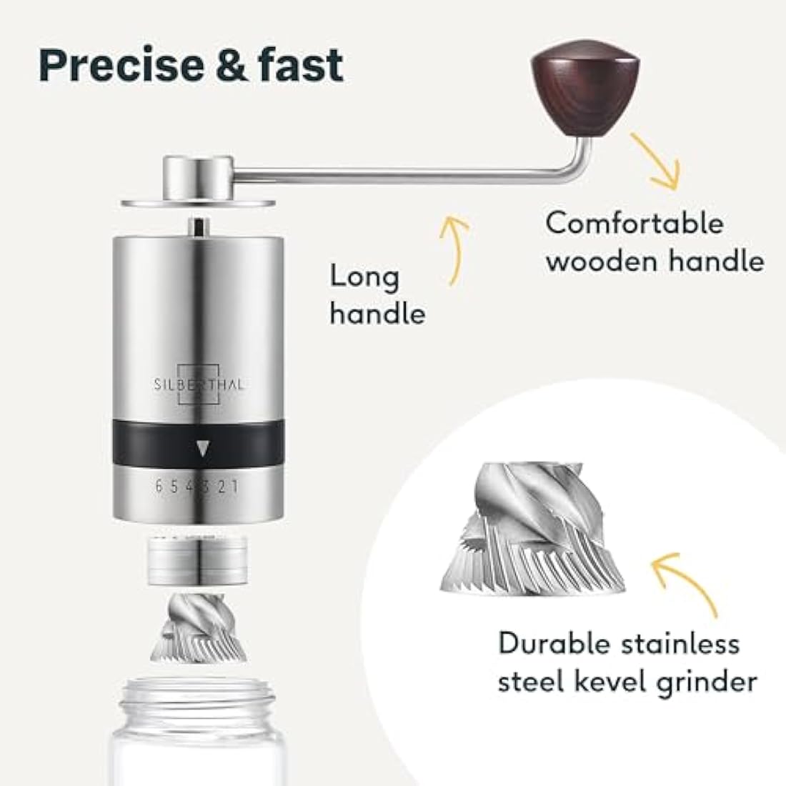 SILBERTHAL Manual Coffee Grinder – Stainless Steel – 6 Adjustable Levels – Portable Coffee Bean Grinder – with Storage Container and Cleaning Brush