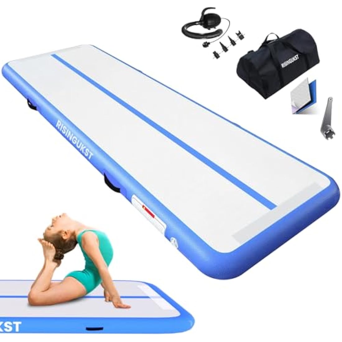 RISINGUKST Air Gymnastics Track Tumbling Mat Inflatable, 6.6ft 10ft 13ft 16ft 20ft Training Mats 4/8 Inch Thickness, Air Roller Air Barrel