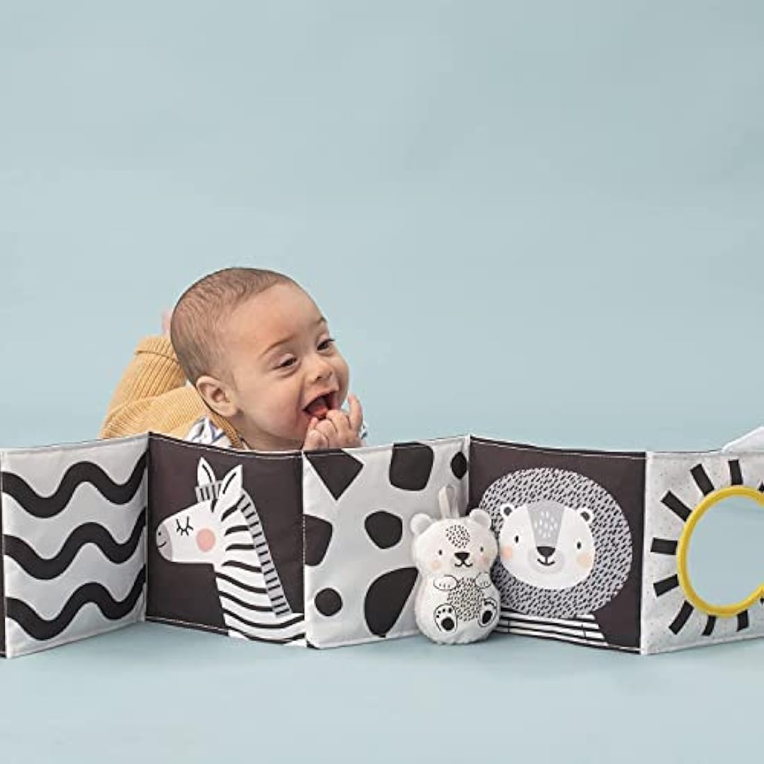 Taf Toys Savannah Black and White 3 in 1 Newborn Baby Pram Book. High Contrast Sensory Soft Double-sided Tummy Time Book with Lion Cub Toy & Baby-safe Mirror. Gift Suitable for Boys & Girls from Birth