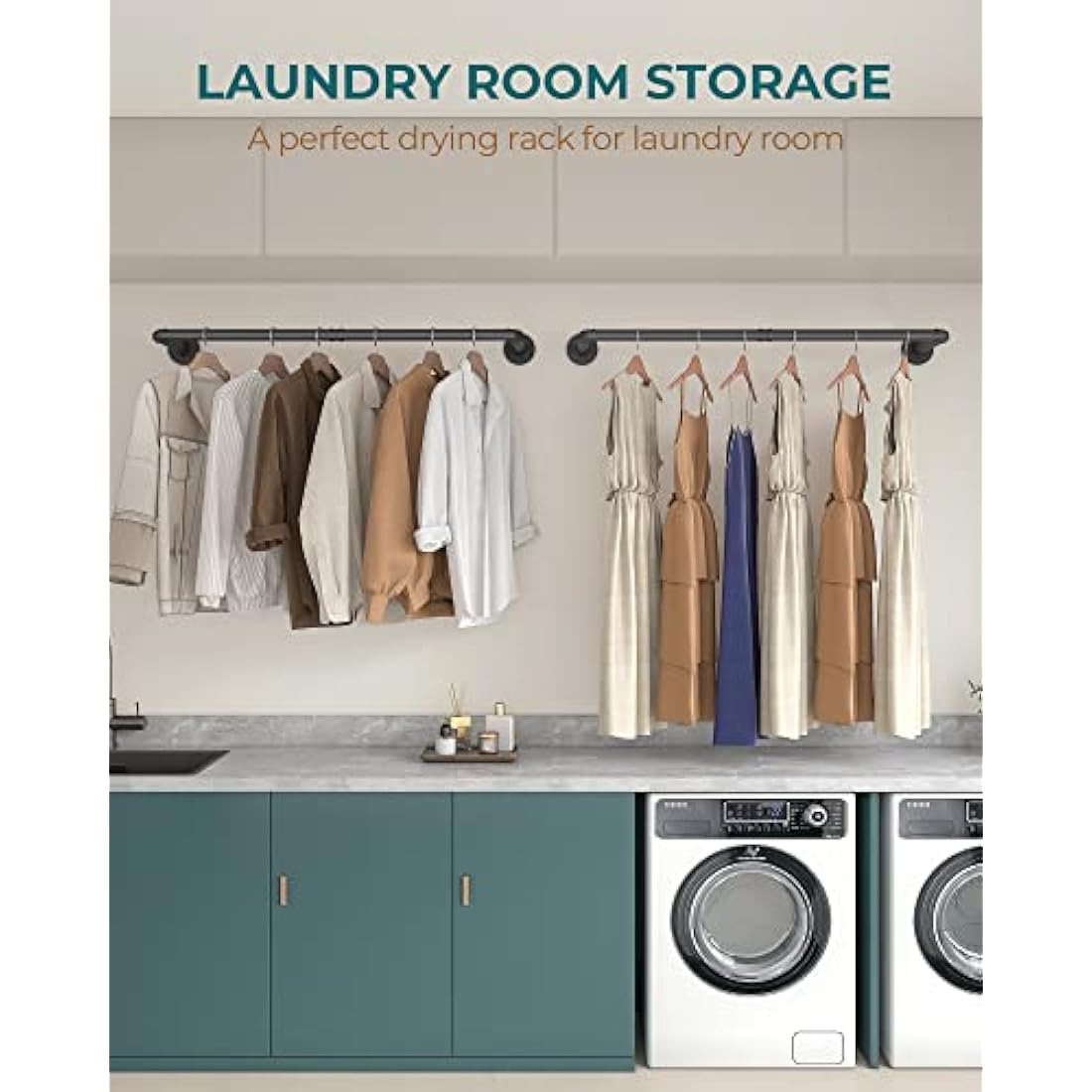 OROPY Industrial Pipe Clothes Bar Rack, Set of 2, 92cm Wall Mounted Detachable Retro Metal Garment Hanging Storage Rail (Double Base)