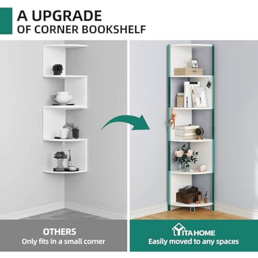 YITAHOME 6-Tier Corner Shelf, 68.8" Tall Modern Free Standing Zigzag Corner Bookshelf, 6 Shelf Display Corner Bookcase Open Small Book Shelves for Living Room, Home Office, Small Space, White