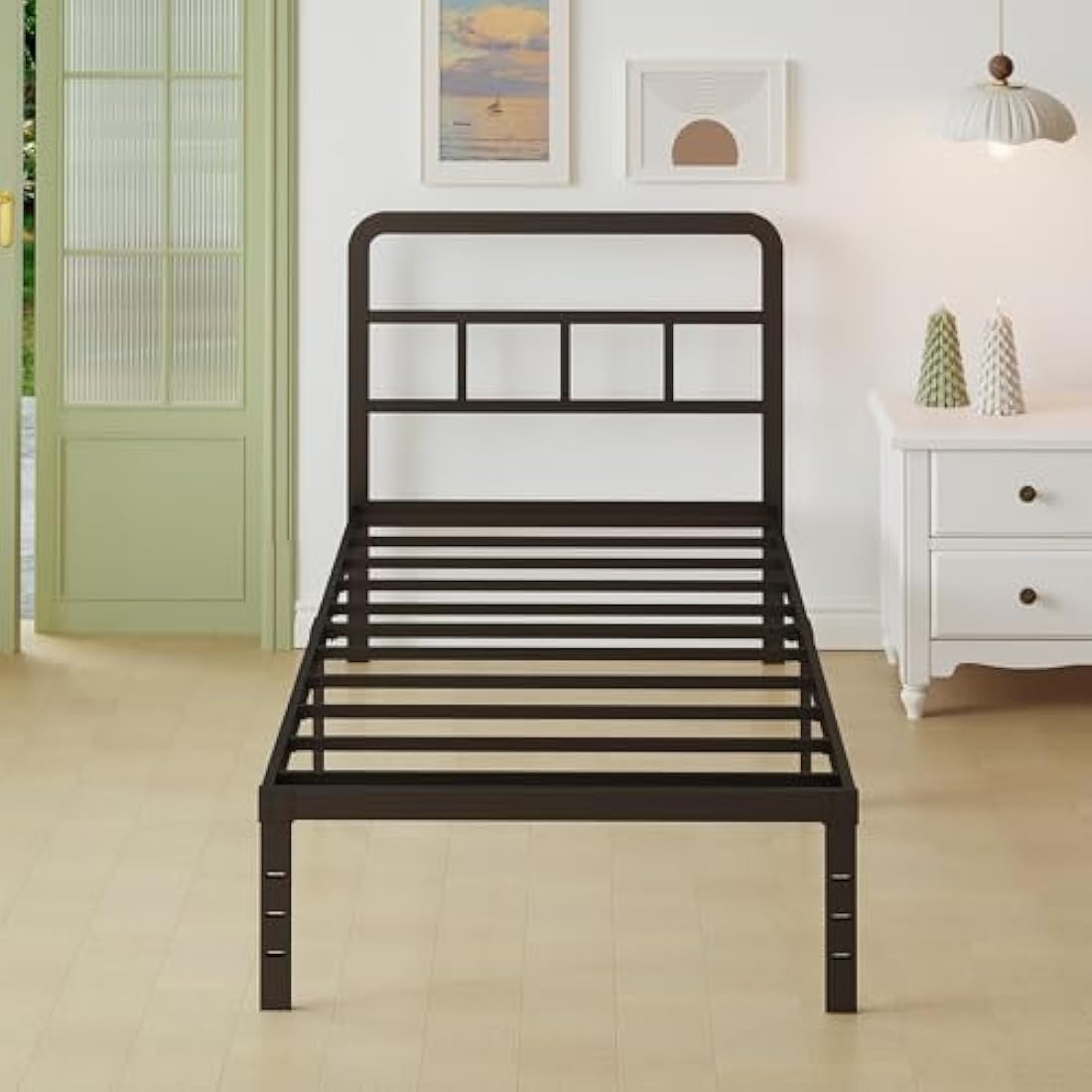 Lutown-Teen Small Single Bed Frame 2ft 6 with Curved Headboard, Heavy Duty Black Metal Bed Frames with Steel Slats, Small Single Beds 36 cm High, Ample Storage Underneath, Noise Free, Easy Assembly