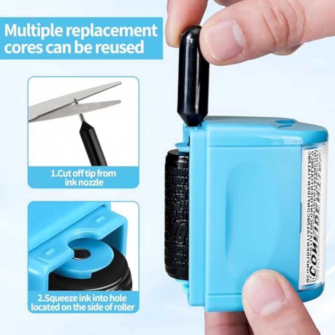 Lindastas Address Blocker Wide Roller Stamp - Confidential Data Defender With 3-Pack Refills for Anti Theft and Privacy Safety (Blue Stamp + 3 Refills)