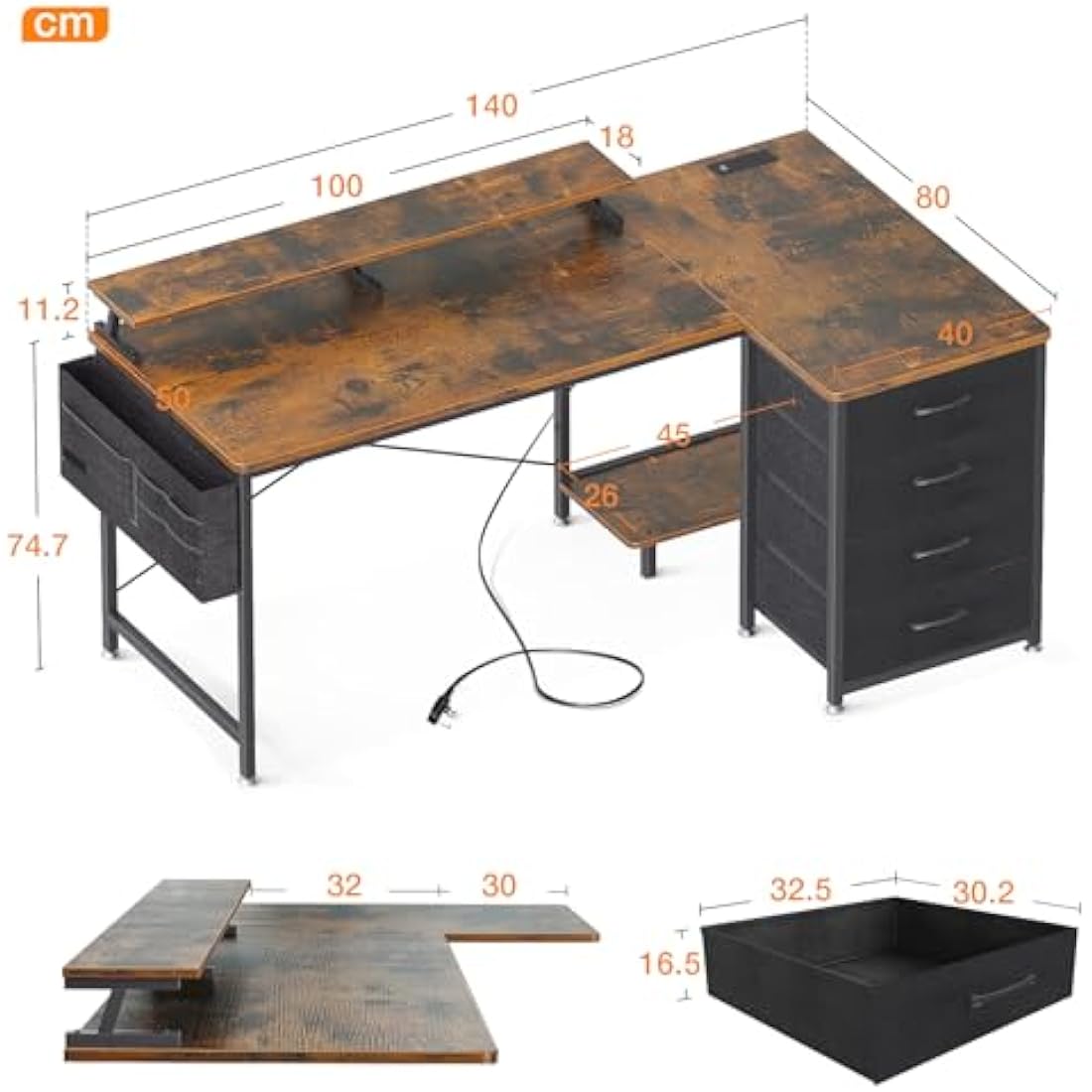 ODK Corner Desk with Drawers, L Shaped Computer Desk 140x80cm with USB Charging Port & Power Outlet, Home Office Desk with Monitor Stand and PC Stand, Gaming Desks Workstations, Rustic Brown