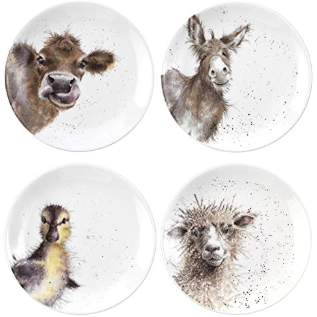 RW WN4093-XW Royal Worcester Wrendale Designs China Tea Coupe Plates Featuring Ewe, Gentle Jack and Just Hatched-Set of 4, Ceramic, White