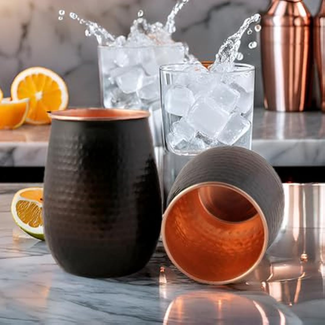 STAGLIFE 16 Oz Pure Copper Tumblers for Drinking Water Cups Mugs Glasses Set of 2, Solid Moscow Mule Hammered Tall Black Tumbler Cup Mug Glass with No Handle, Brushed/Large