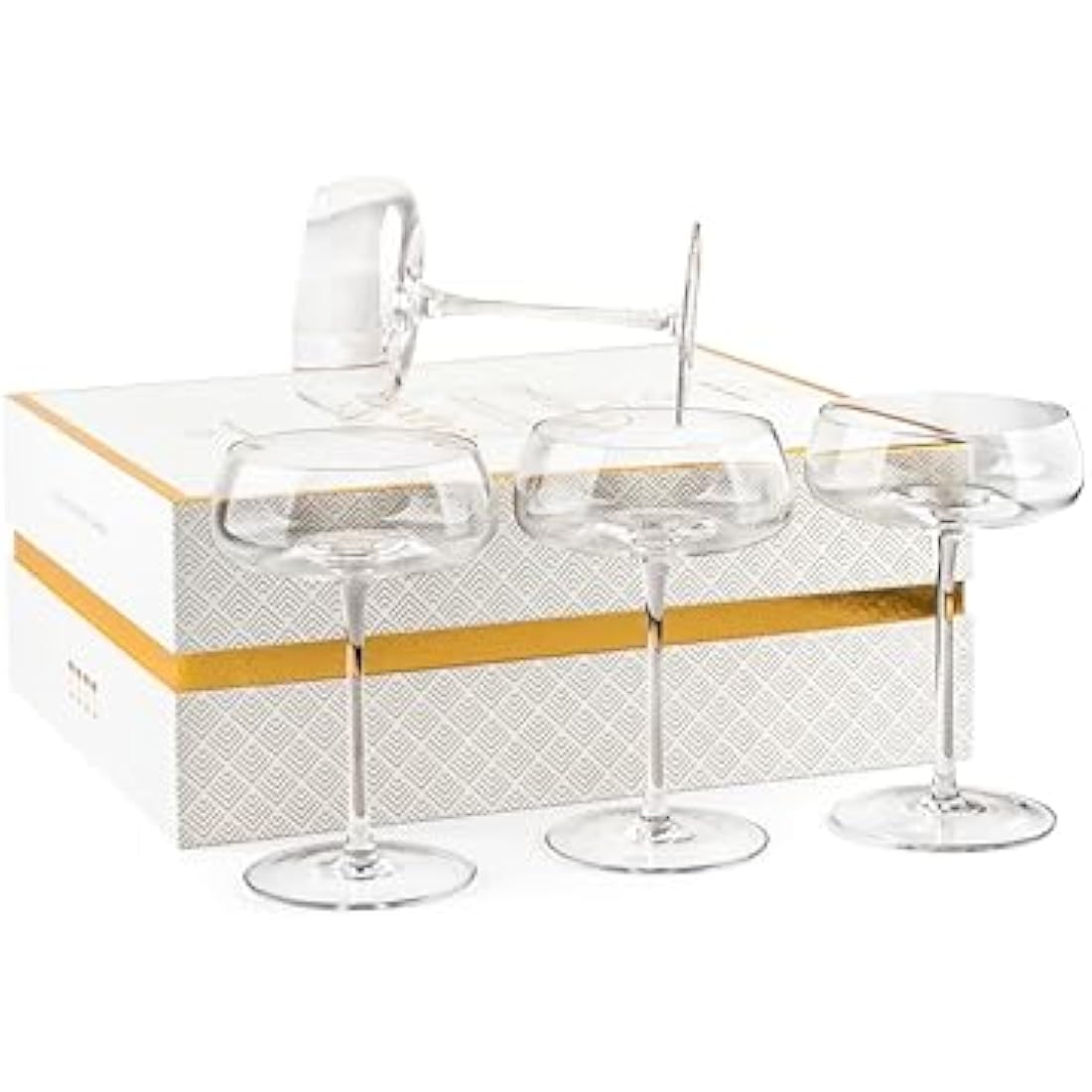 GLASSIQUE CADEAU Crystal Cocktail and Champagne Coupette Glasses | Set of 4 | 260 ml Elegant Long Stemmed Coupe Glassware for Gimlet, Espresso Martini, Daiquiri, Cosmopolitan | Fancy Round Saucers