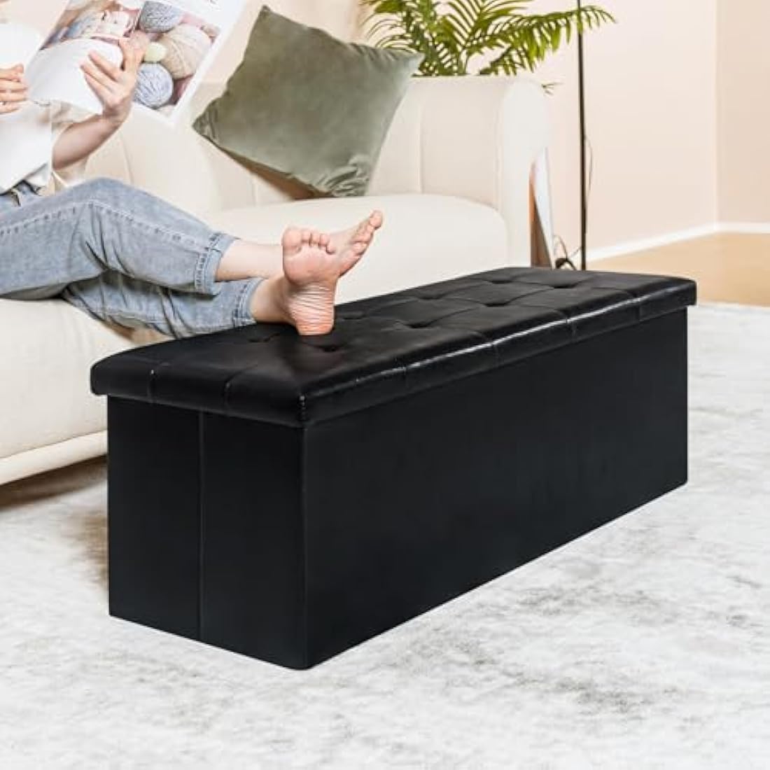 Bonlife End of Bed Storage Bench,Folding Black Ottoman Seat,Toy Chest Box Bedside Table Faux Leather Footstool for Living Room,110x38x38cm