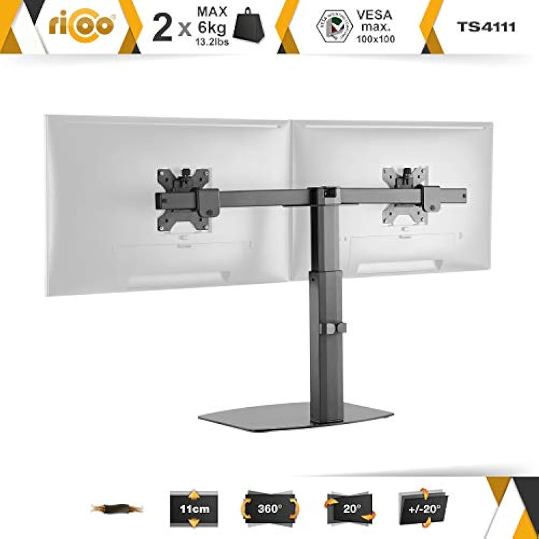 RICOO Dual Monitor Desktop Mount TS4111 gas-powered mounting for 2 flat screens with 17-27 inch with max VESA-Norm 100x100 free-standing double arm bracket PC screen stand in Black