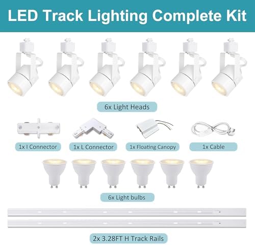 Bravsekai Advanced LED Track Lighting Kit with Replaceable GU10 Bulbs, 6-Lights Dimmable Track Lights with 2x1m H Type Track Rails, 10W 6000K Cool White Indoor Ceiling Spotlight Fixture for Any Space