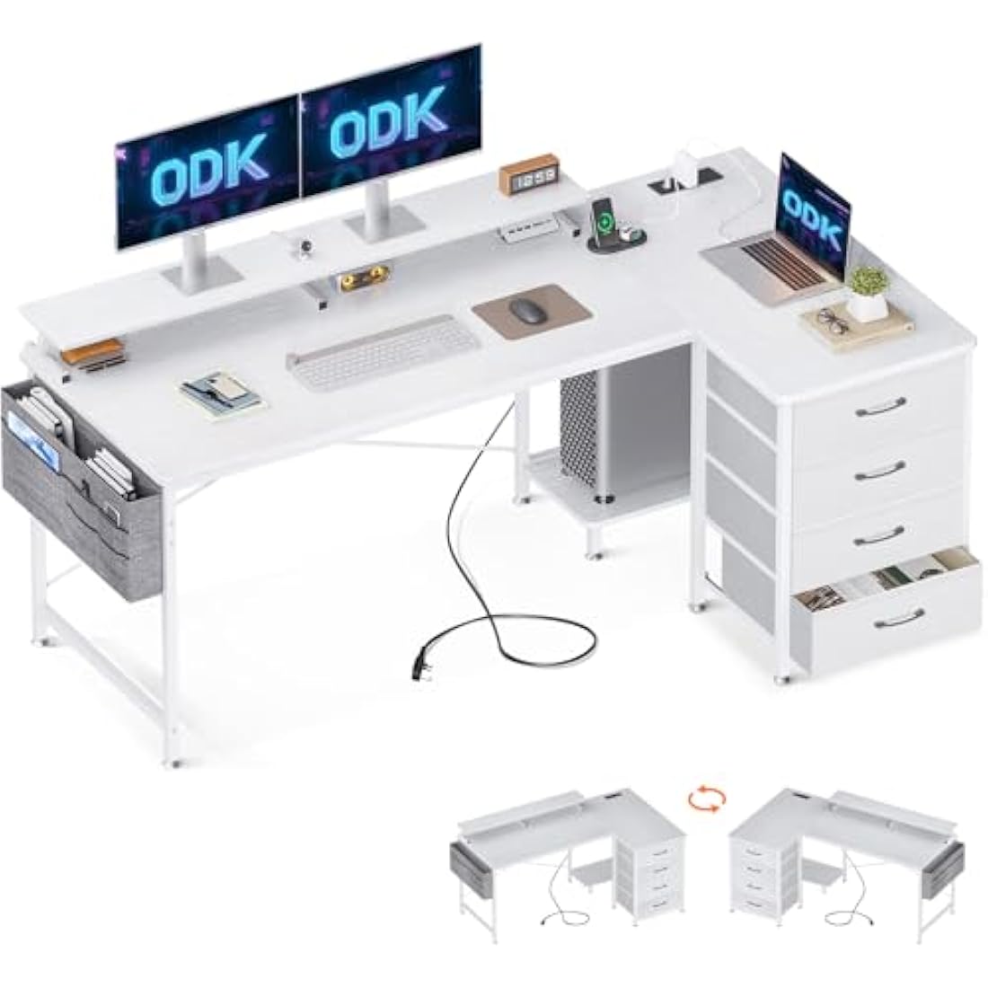 ODK Corner Desk with Drawers, L Shaped Computer Desk 160x80cm with USB Charging Port & Power Outlet, Home Office with Monitor Stand and PC Stand, Gaming Desks Workstations, White