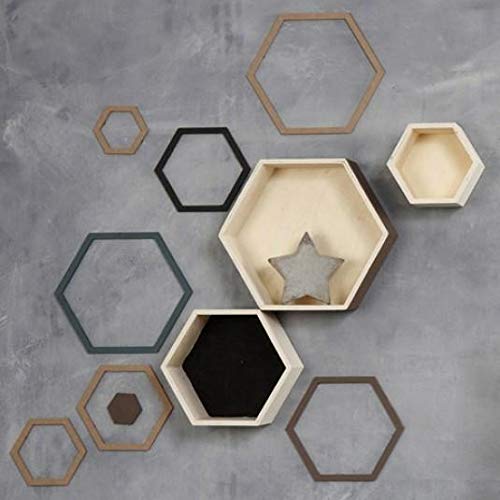 Creativ Company 56430 Hexagon Shelves, H: 14,8+19+24,2 cm, Depth 10 cm, Plywood, Hexagonal, 3 Assorted Shelves and Sizes