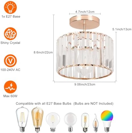 ZYDTRIP Crystal Ceiling Light Fixture Semi Flush Mount Ceiling Lamp Modern Gold Crystal Chandelier for Living Room Hallway Dining Room Kitchen