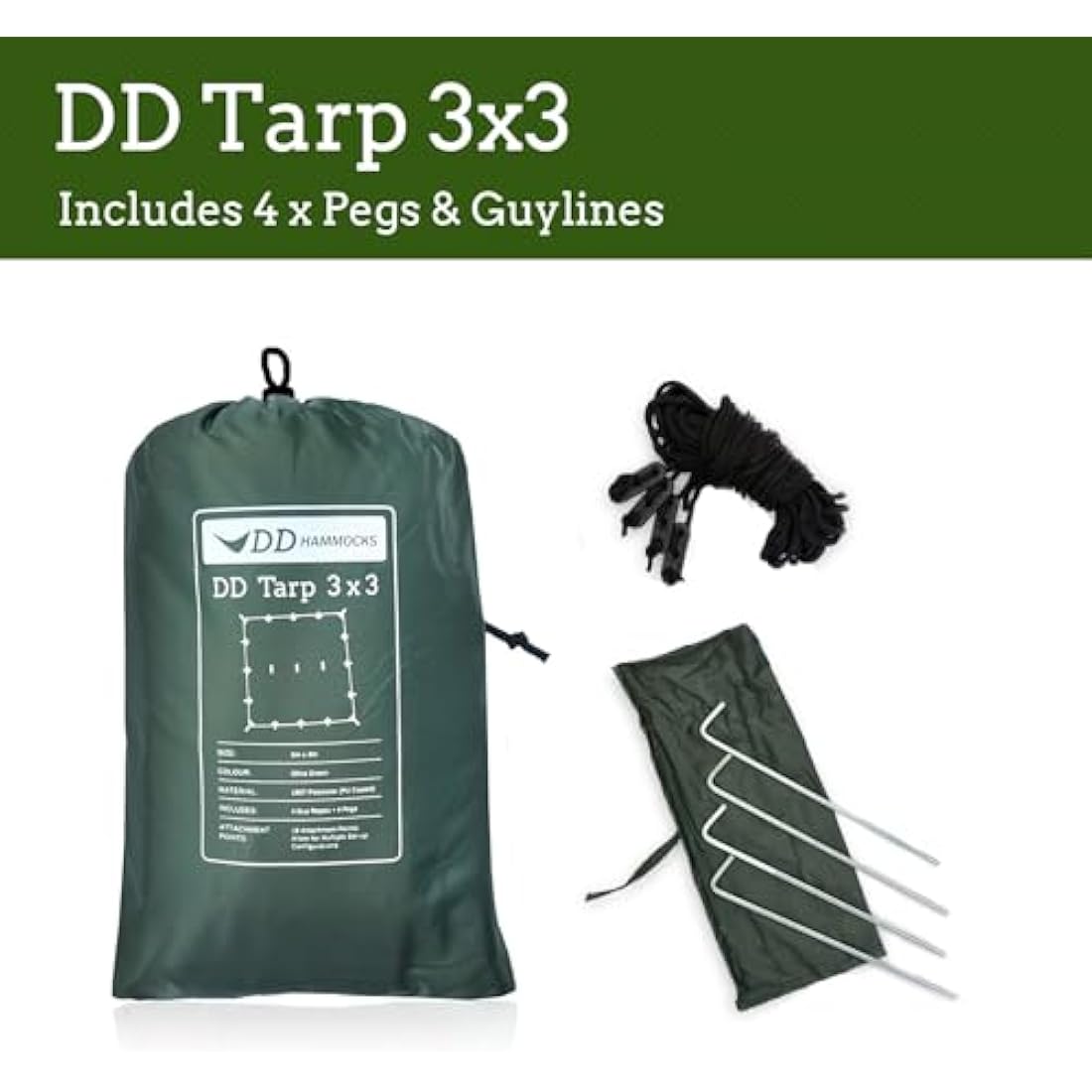 DD Hammocks - DD Tarp 3x3 - Olive Green - Lightweight, 100% Waterproof Tough Shelter with Pegs & Guy Lines for Camping Bushcraft & Hiking