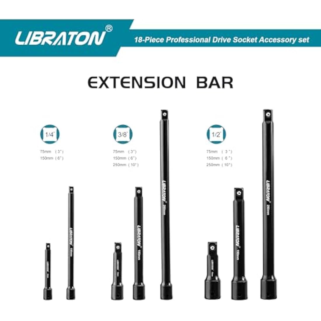 Libraton Extension Bars, 3/8 1/2 1/4 Extension Set, Spanner Extensions, with Socket Adapters, Socket Extensions, Universal Joints, Impact Coupler, Professional Socket Accessories, Cr-V