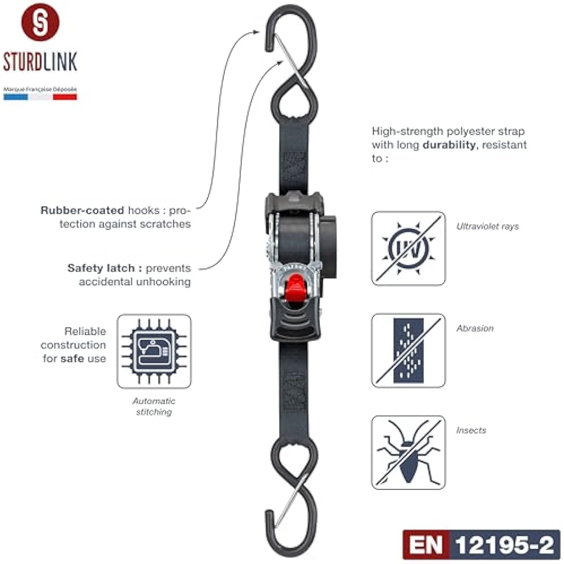 Automatic Ratchet Strap 3m 25mm S-Hook with Latch LC 300daN / 600daN U-Shaped | Automatic Strap Winder | Ideal Attachment Equipment for Trailer Motorcycle Quad Auto | Set of 4 + Bag | EN 12195-2