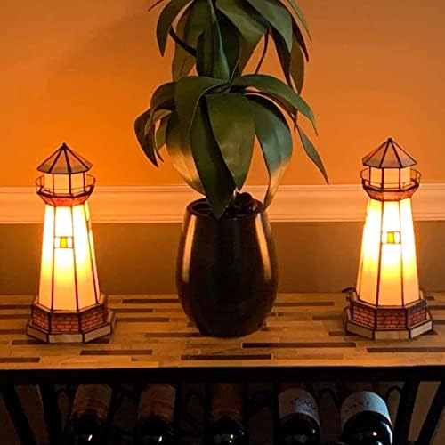 Bieye L30626 Lighthouse Tiffany Style Stained Glass Accent Table Lamp Night Light, 6" W x 12" H