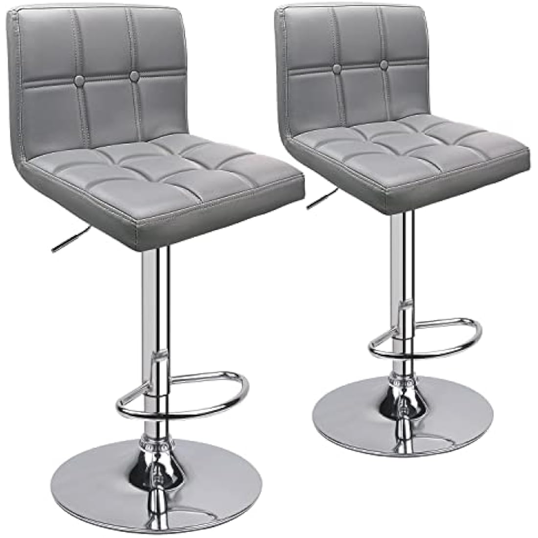 Leader Accessories Bar Stools (2/Set) Adjustable Bar Chairs Breakfast Dining Stools for Kitchen Island Counter PU Leather Double Stitching Square Back with decoration (Light Grey)