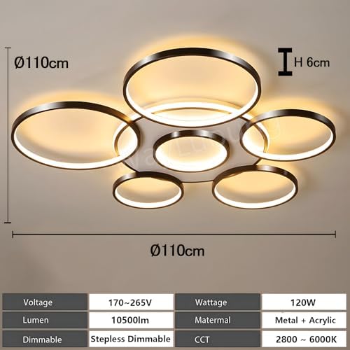 LED Ceiling Light | Modern 7-Rings Living Room Ceiling Lamp | black Round Circle 120W/Ø110cm | Bedroom Ceiling Lamps Fixture | 2800K-6000K Dimmable With Remote Control | Restaurant Indoor Ceiling Lamp