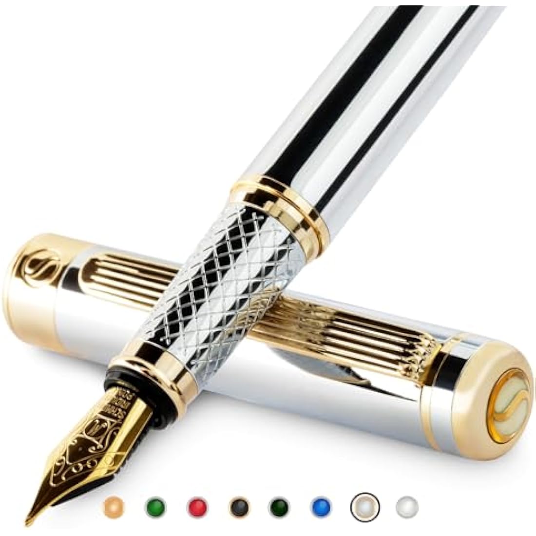Scriveiner Silver Chrome Fountain Pen - Stunning Luxury Pen, Real Gold Plating, Schmidt Gilded Nib (Medium), Best Pen Gift Set for Men & Women, Professional, Executive Office, Nice Designer Pens