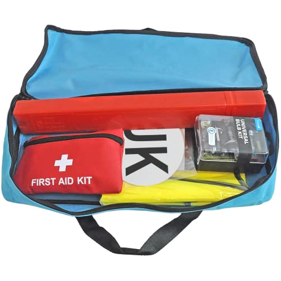 Simply ETK1 Europe Travel Kit. 7 Piece Set includes Warning Triangle, Reflective Vest, Headlight Beam Converters, UK Plate, Bulb Kit and FIRST Aid Kit