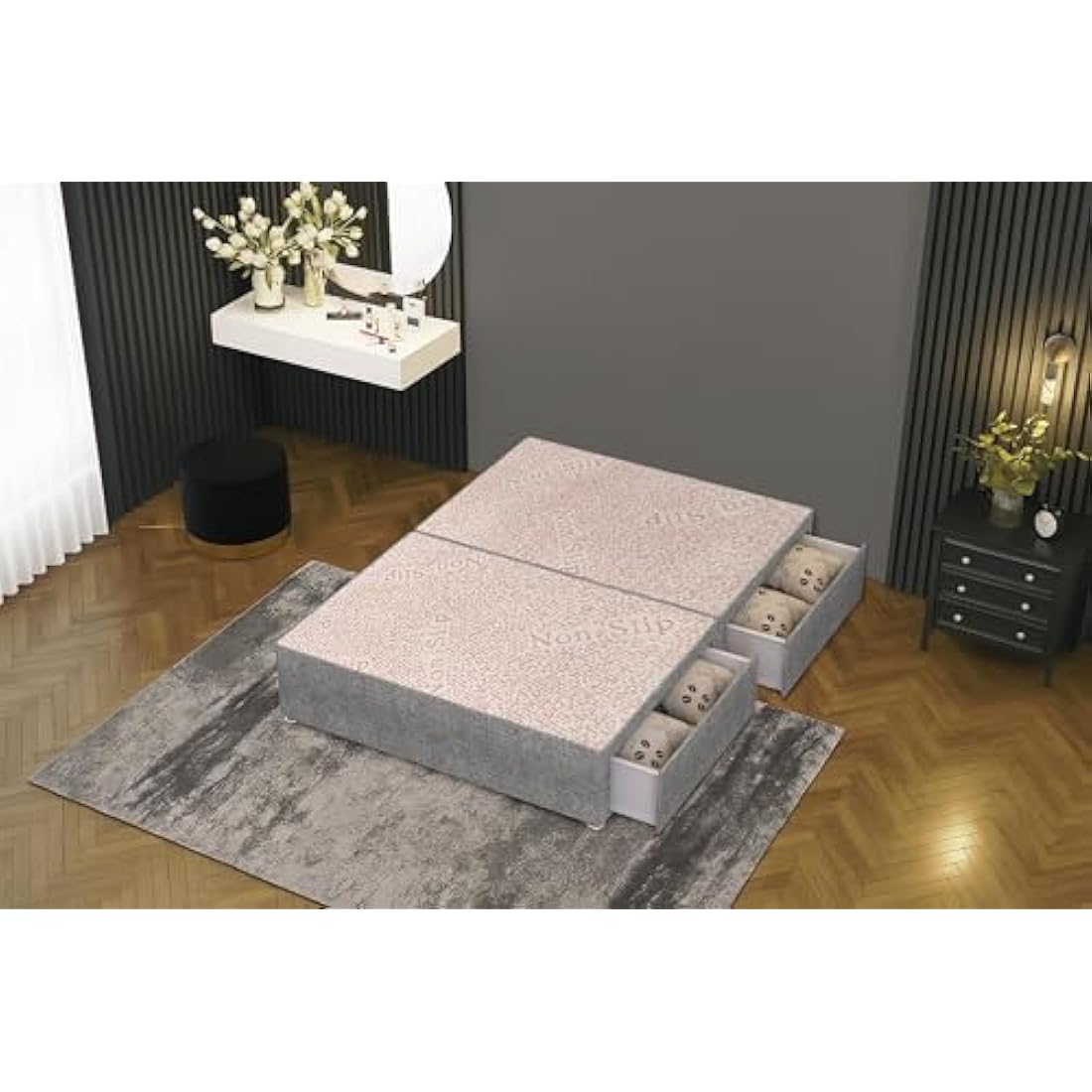 Bed Centre Tweed Gray Flexby Divan Bed Base - Headboard And Storage Drawer (Single, Small Double, Double, King and Super King Size (Single, Divan Base with 2 Drawer Same Side No Headboard)