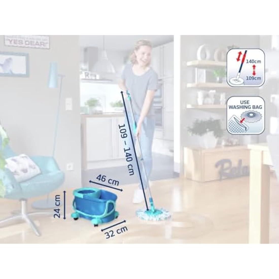 Leifheit Clean Twist Disc Mop Ergo Mobile Set, Moisture Controlled Spin, Wheeled Bucket, Faster Cleaning, Easy-Steer Micro Fibre 33cm Head with 360­ Joint, Spin Mop System