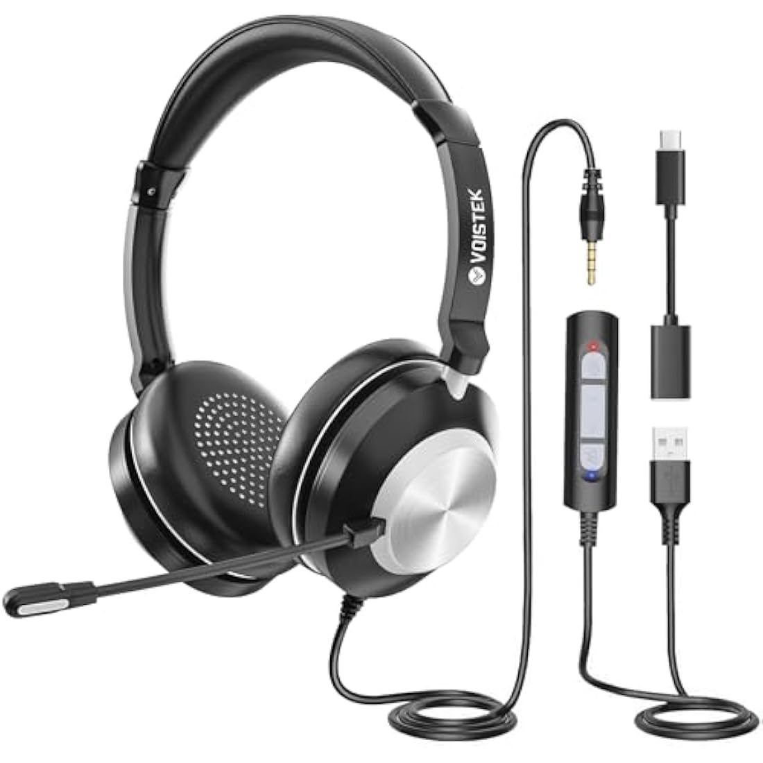 Voistek USB Headset with Microphone for Laptop,Type-c/USB/3.5mm Jack 3-in-1 PC Headset,Wired & Noise Cancelling Headphone with Volume Control for Call Centers,Skype,Zoom, Home Office,Online Chat