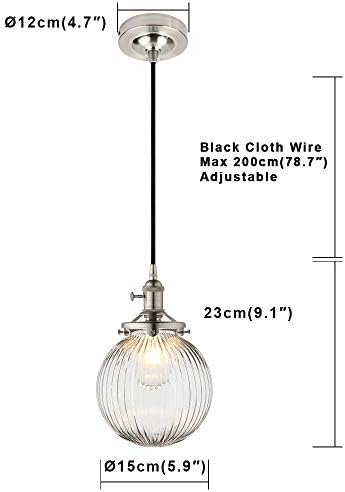 Yosoan Vintage Edison Switch Pendant Light Fiting with Ribbed Globe Glass Shade, Industrial Pendant Light Fitting Chandelier for Kitchen Dining Room Bedroom Restaurant (Brushed)