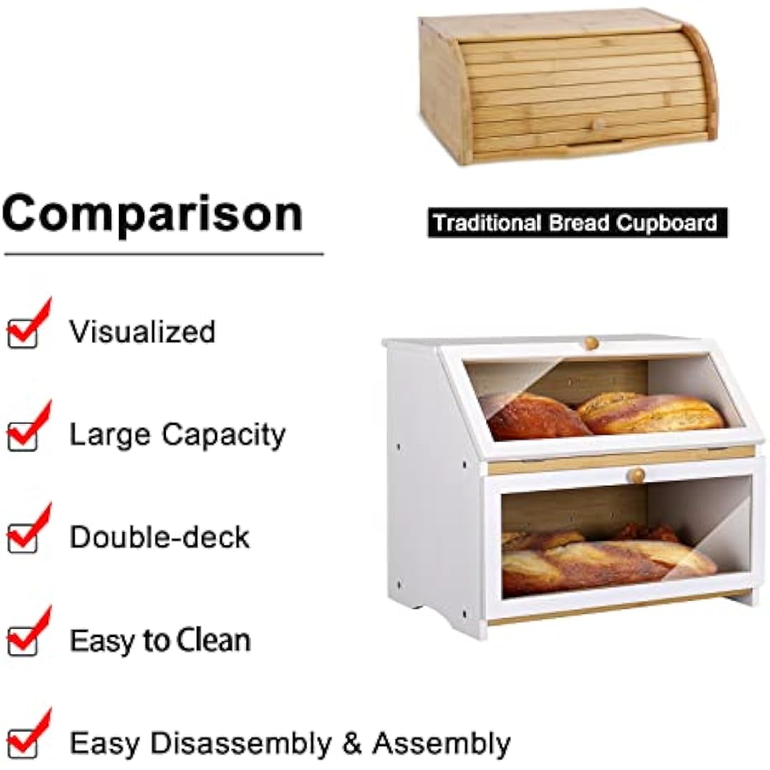 Leader Accessories Double Decker Bamboo Bread Bin 2-Layer Bread Box Large Capacity Bread Storage for Kitchen 15.3"x9.8"x12.6" White