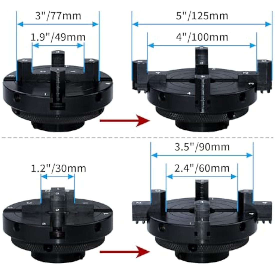 DEEFIINE 4 Inch Wood Lathe Chuck Set 1" X8TPI & 3/4" X16TPI Adapter, Self Centering 4 Jaw Wood Turning Chuck(Black)