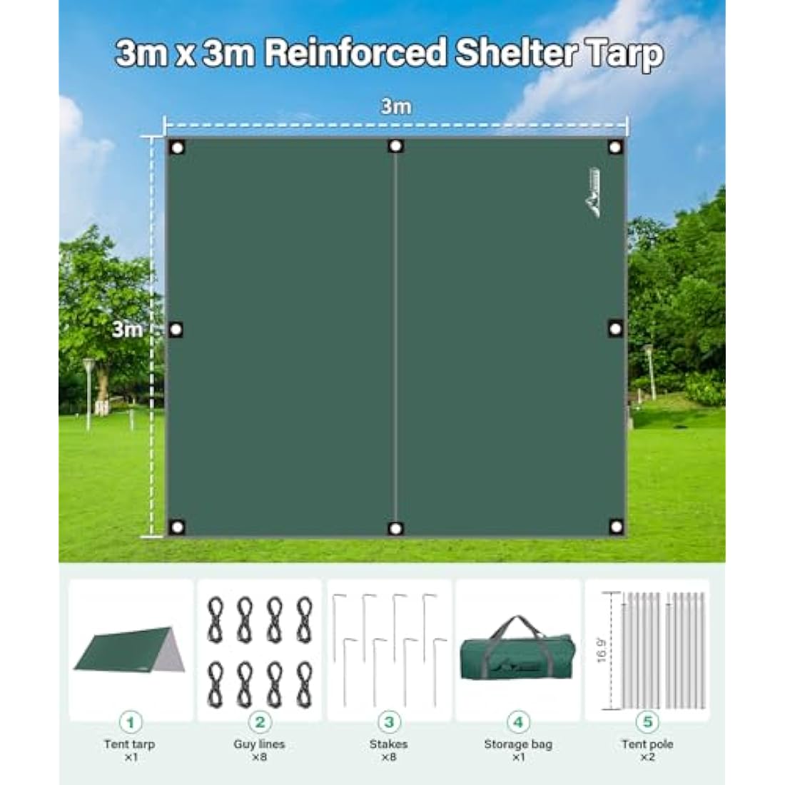 WADEO Camping Tent Tarp Shelter, 3m x 3m Hammock Tarpaulin Waterproof Ground Sheets Portable Tarpaulin Shelter with 8 Pegs and 8 Guy Lines for Camping Picnic Hiking Adventure
