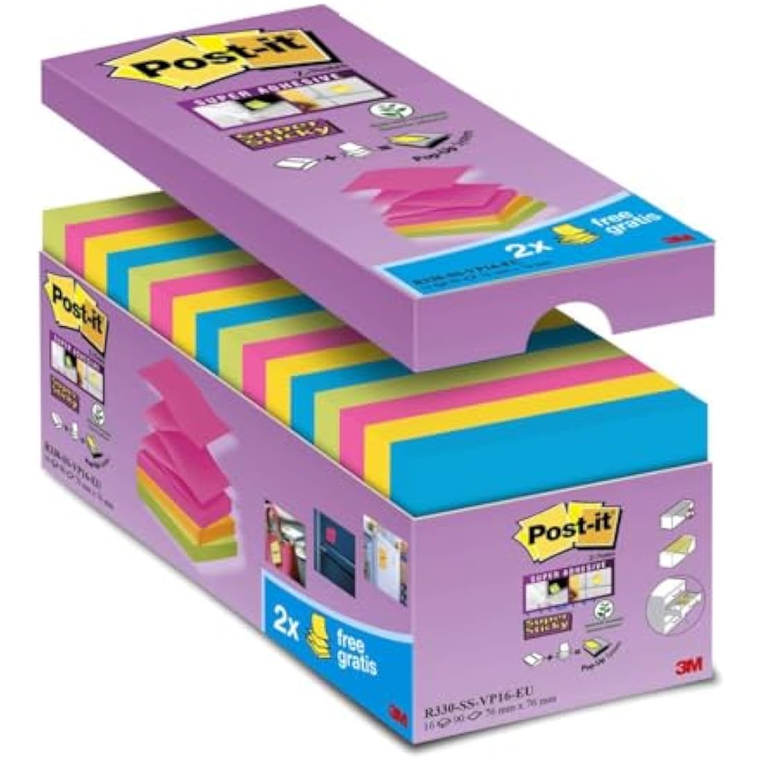 Post-it Super Sticky Z-Notes,Value Pack, Pack of 14 + 2 Free Pads, 90 Sheets per Pad, 76 mm x 76 mm, Green, Yellow, Pink, Blue Colors (Package May Vary)