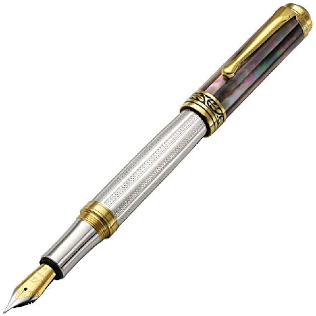 Xezo Maestro Fountain Pen, Fine Nib. Solid 925 Sterling Silver and Tahitian Black Mother of Pearl with 18 Karat Gold Plating. Handcrafted, Limited Edition, Serialized