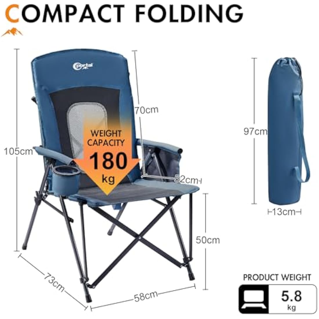 Portal Folding Camping Chair for Adults High Back Heavy Duty 180KG Load Foldable Garden Picnic Festival Collapsible Chair Oversized Hard Armrests Mesh Back Portable for Fishing Beach Patio