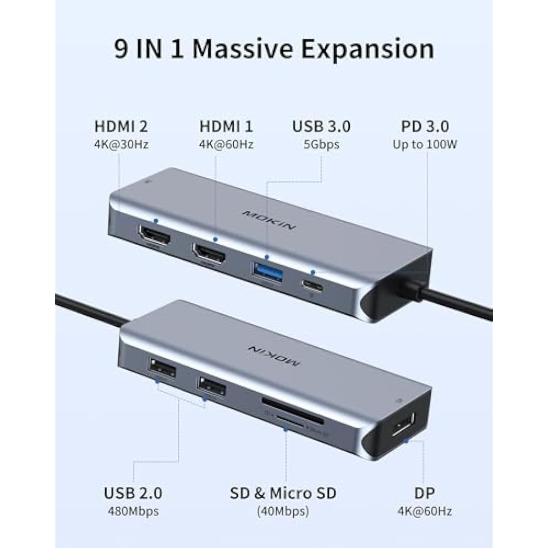 Laptop Docking Station, USB C Dual HDMI Adapter, 9 IN 1 USB C Dual Monitor Docking Station with 2 HDMI, DisplayPort, 3 USB, 100W PD, SD/TF for MacBook Pro 2020-2016, MacBook Air 2020-2018