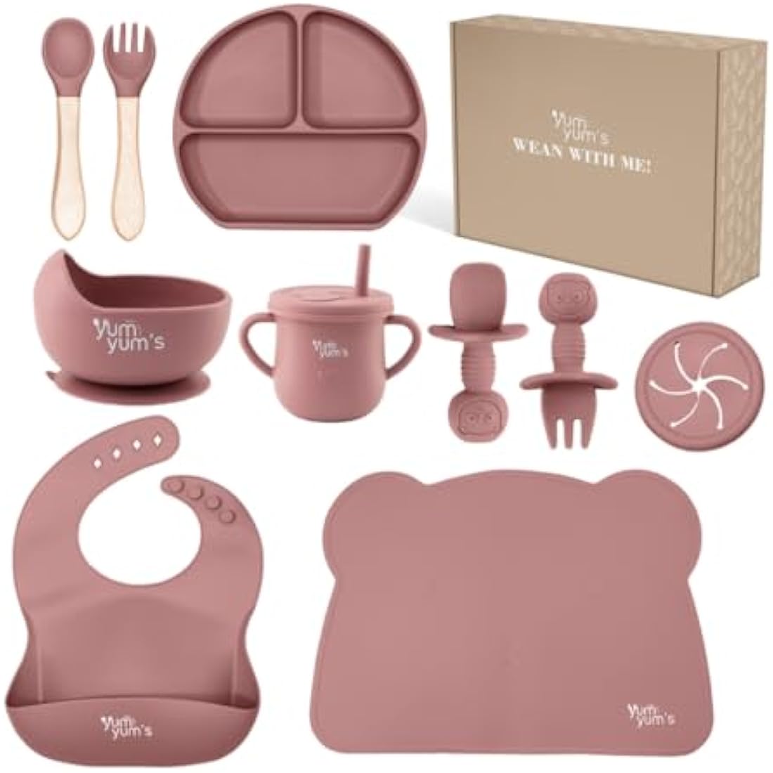 Yum Yum's Baby 10 Pcs Pink Weaning Set - Complete Toddler Feeding Kit w/Sectioned Plate, Suction Bowls, Cutlery with Mouth Guard, Straw Cup, Bib & Mat - Non-Slip - for Toddlers & Baby Gift