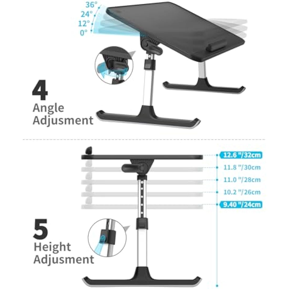 Lap Desk, SAIJI Bed Table, Thick Stable Feet, Height and Angle Adjustable, Enough Mouse Space, up to 17'' Laptop, for Homeoffice, Breakfast, Study (Black, 52 * 30cm)
